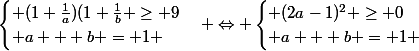 \begin{cases} (1+\frac{1}{a})(1+\frac{1}{b} \geq 9\\ a + b = 1 \end{cases} \Leftrightarrow \begin{cases} (2a-1)^2 \geq 0\\ a + b = 1 \end{cases}