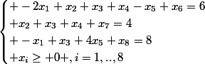 \begin{cases} -2x_1+x_2+x_3+x_4-x_5+x_6=6\\ x_2+x_3+x_4+x_7=4\\ -x_1+x_3+4x_5+x_8=8\\ x_i\geq 0 ,i=1,..,8\end{cases}