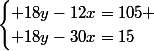 \begin{cases} 18y-12x=105 \\ 18y-30x=15\end{cases}