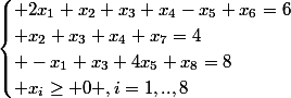 \begin{cases} 2x_1+x_2+x_3+x_4-x_5+x_6=6\\ x_2+x_3+x_4+x_7=4\\ -x_1+x_3+4x_5+x_8=8\\ x_i\geq 0 ,i=1,..,8\end{cases}