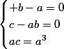 \begin{cases} b-a=0\\c-ab=0\\ac=a^3\end{cases}