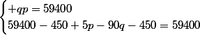 \begin{cases} qp=59400\\59400-450+5p-90q-450=59400\\\end{cases}