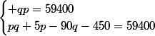 \begin{cases} qp=59400\\pq+5p-90q-450=59400\\\end{cases}