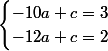 \begin{cases}-10a+c=3\\-12a+c=2\\\end{cases}