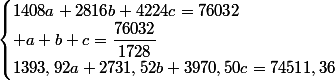 \begin{cases}1408a+2816b+4224c=76032\\ a+b+c=\dfrac{76032}{1728}\\1393,92a+2731,52b+3970,50c=74511,36\end{cases}