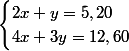 \begin{cases}2x+y=5,20\\4x+3y=12,60\end{cases}