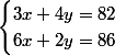 \begin{cases}3x+4y=82\\6x+2y=86\end{cases}