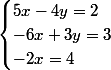 \begin{cases}5x-4y=2\\-6x+3y=3\\-2x=4\end{cases}