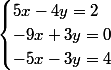 \begin{cases}5x-4y=2\\-9x+3y=0\\-5x-3y=4\end{cases}