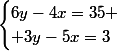 \begin{cases}6y-4x=35 \\ 3y-5x=3\end{cases}