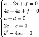\begin{cases}a+2d+f=0\\4c+4e+f=0\\a+d=0\\2c+e=0\\b^2-4ac=0\end{cases}