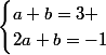 \begin{cases}a+b=3 \\2a+b=-1\end{cases}