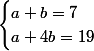 \begin{cases}a+b=7\\a+4b=19\end{cases}