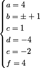 \begin{cases}a=4\\b=\pm 1\\c=1\\d=-4\\e=-2\\f=4\end{cases}