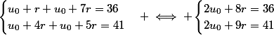 \begin{cases}u_0+r+u_0+7r=36\\u_0+4r+u_0+5r=41\end{cases} \iff \begin{cases}2u_0+8r=36\\2u_0+9r=41\end{cases}