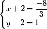\begin{cases}x+2=\dfrac{-8}{3}\\y-2=1\end{cases}