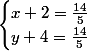 \begin{cases}x+2=\frac{14}{5}\\y+4=\frac{14}{5}\end{cases}