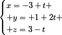 \begin{cases}x=-3+t \\ y= 1+2t \\ z=3-t\end{cases}