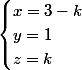 \begin{cases}x=3-k\\y=1\\z=k\end{cases}