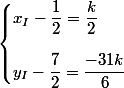 \begin{cases}x_I-\dfrac{1}{2}=\dfrac{k}{2}\\[0.5cm]y_I-\dfrac{7}{2}=\dfrac{-31k}{6}\end{cases}