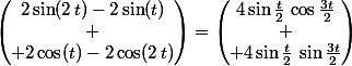 \begin{pmatrix}2\sin(2\,t)-2\sin(t)\\
 \\ 2\cos(t)-2\cos(2\,t)\end{pmatrix}=\begin{pmatrix}4\sin\frac{t}2\,\cos\frac{3t}2\\
 \\ 4\sin\frac{t}2\,\sin\frac{3t}2\end{pmatrix}