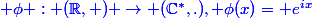 \blue \phi : (\R,+) \rightarrow (\C^*,.), \phi(x)= e^{ix}