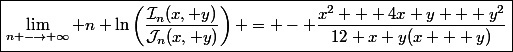 \boxed{\lim\limits_{n \longrightarrow \infty} n \ln\left(\dfrac{\mathcal{I}_n(x, y)}{\mathcal{J}_n(x, y)}\right) = - \dfrac{x^2 + 4x y + y^2}{12 x y(x + y)}}