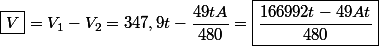 \boxed{V}=V_1-V_2=347,9t-\dfrac{49tA}{480}=\boxed{\dfrac{166992t-49At}{480}}