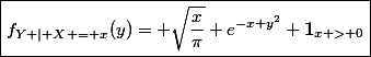 \boxed{f_{Y | X = x}(y)= \sqrt{\dfrac{x}{\pi}} e^{-x y^2} \textbf{1}_{x > 0}}