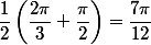 \dfrac{1}{2}\left(\dfrac{2\pi}{3}+\dfrac{\pi}{2}\right)=\dfrac{7\pi}{12}