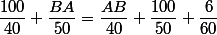 \dfrac{100}{40}+\dfrac{BA}{50}=\dfrac{AB}{40}+\dfrac{100}{50}+\dfrac{6}{60}