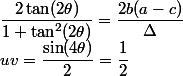 uv=\dfrac{\sin(4\theta)}2=\dfrac12\;\dfrac{2\tan(2\theta)}{1+\tan^2(2\theta)}=\dfrac{2b(a-c)}{\Delta}
