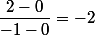 \dfrac{2-0}{-1-0}=-2