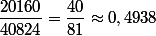 \dfrac{20160}{40824}=\dfrac{40}{81}\approx0,4938