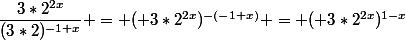 \dfrac{3*2^{2x}}{(3*2)^{-1+x}} = ( 3*2^{2x})^{-(-1+x)} = ( 3*2^{2x})^{1-x}