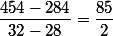 \dfrac{454-284}{32-28}=\dfrac{85}{2}