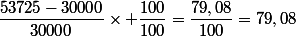 \dfrac{53725-30000}{30000}\times \dfrac{100}{100}=\dfrac{79,08}{100}=79,08\,\ %