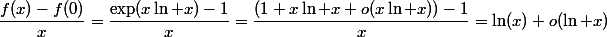 \dfrac{f(x)-f(0)}{x}=\dfrac{\exp(x\ln x)-1}{x}=\dfrac{(1+x\ln x+o(x\ln x))-1}{x}=\ln(x)+o(\ln x)