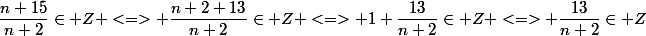 \dfrac{n+15}{n+2}\in Z <=> \dfrac{n+2+13}{n+2}\in Z <=> 1+\dfrac{13}{n+2}\in Z <=> \dfrac{13}{n+2}\in Z