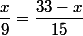 \dfrac{x}{9}=\dfrac{33-x}{15}