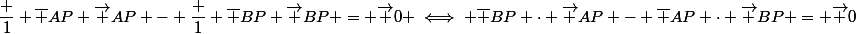 \dfrac 1 {\bar {AP}} \vec {AP} - \dfrac 1 {\bar {BP}} \vec {BP} = \vec 0 \iff \bar {BP} \cdot \vec {AP} - \bar {AP} \cdot \vec {BP} = \vec 0