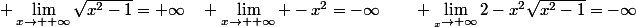 \displaystyle \lim_{x\to +\infty}\sqrt{x^2-1}=+\infty\quad \lim_{x\to +\infty} -x^2=-\infty\qquad \lim_{_x\to+\infty}2-x^2\sqrt{x^2-1}=-\infty