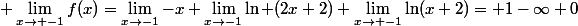 \displaystyle \lim_{x\to -1}f(x)=\lim_{x\to-1}-x+\lim_{x\to-1}\ln (2x+2)+\lim_{x\to -1}\ln(x+2)}=+1-\infty+0