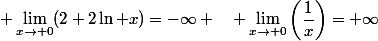 \displaystyle \lim_{x\to 0}(2+2\ln x)=-\infty \quad \lim_{x\to 0}\left(\dfrac{1}{x}\right)=+\infty