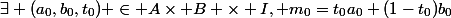 \exists (a_0,b_0,t_0) \in A\times B \times I, m_0=t_0a_0+(1-t_0)b_0
