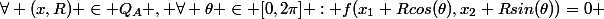\forall (x,R) \in Q_A , \forall \theta \in [0,2\pi] : f(x_1+Rcos(\theta),x_2+Rsin(\theta))=0 