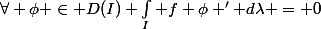 \forall \phi \in D(I) \int_{I} f \phi ' d\lambda = 0