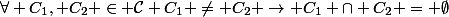 \forall C_1, C_2 \in \mathcal{C} \ C_1 \neq C_2 \rightarrow C_1 \cap C_2 = \emptyset