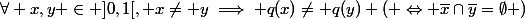 \forall x,y \in ]0,1[, x\neq y\implies q(x)\neq q(y) ( \Leftrightarrow \bar{x}\cap\bar{y}=\emptyset )