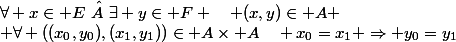 \forall x\in E\  \exists y\in F \quad (x,y)\in A
 \\ \forall ((x_0,y_0),(x_1,y_1))\in A\times A\quad x_0=x_1 \Rightarrow y_0=y_1